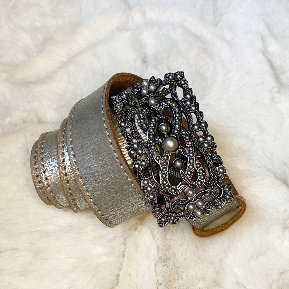 Vintage Silver Leather Belt Beaded Buckle XL